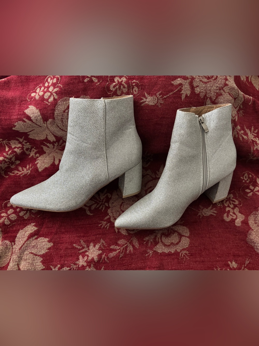 NWOT OLIVIA + KATE Silver Shimmer Heeled Boots - Size 11